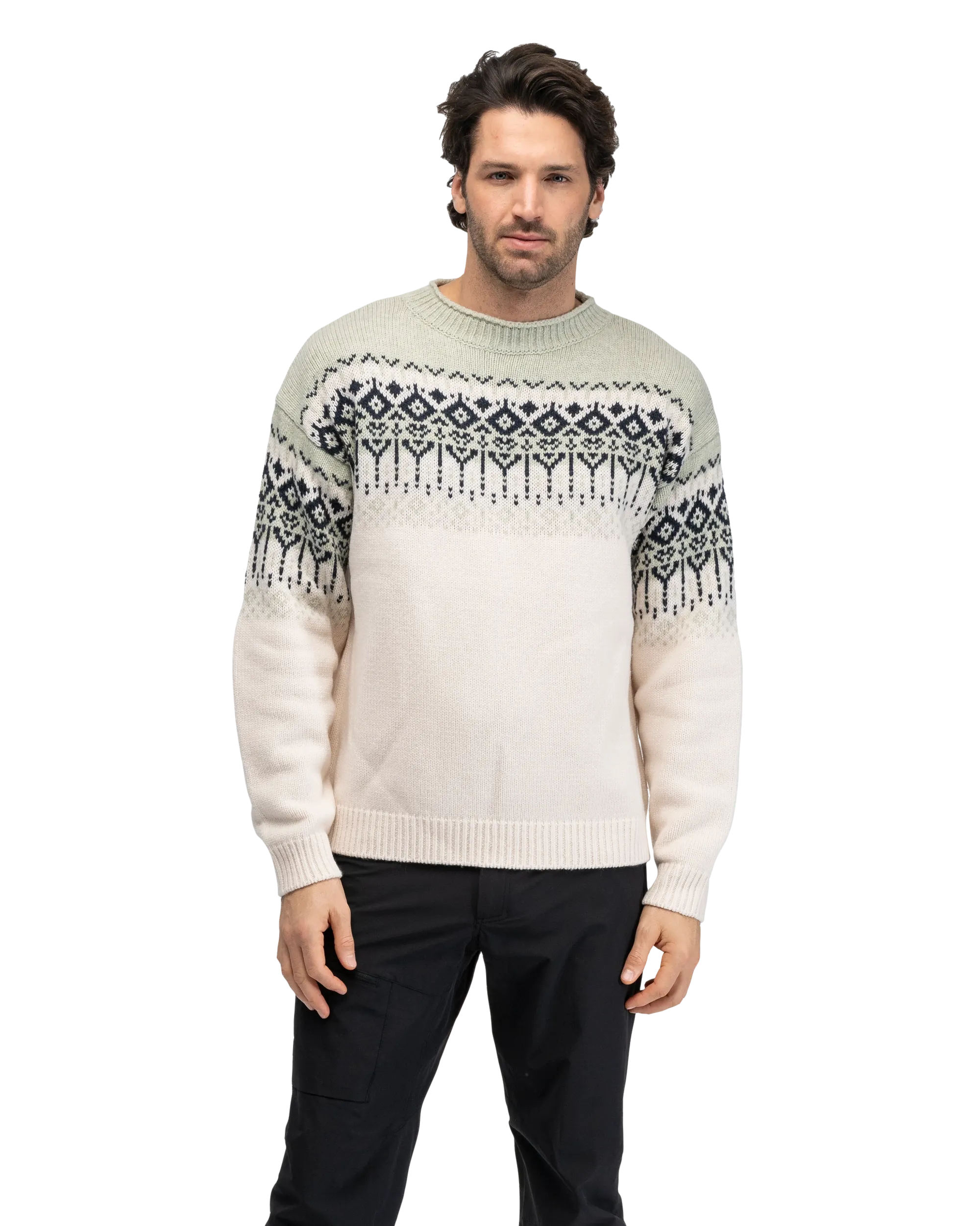Steiro Knitted Wool Jumper, Creme/Light Green Mud/Dark Navy