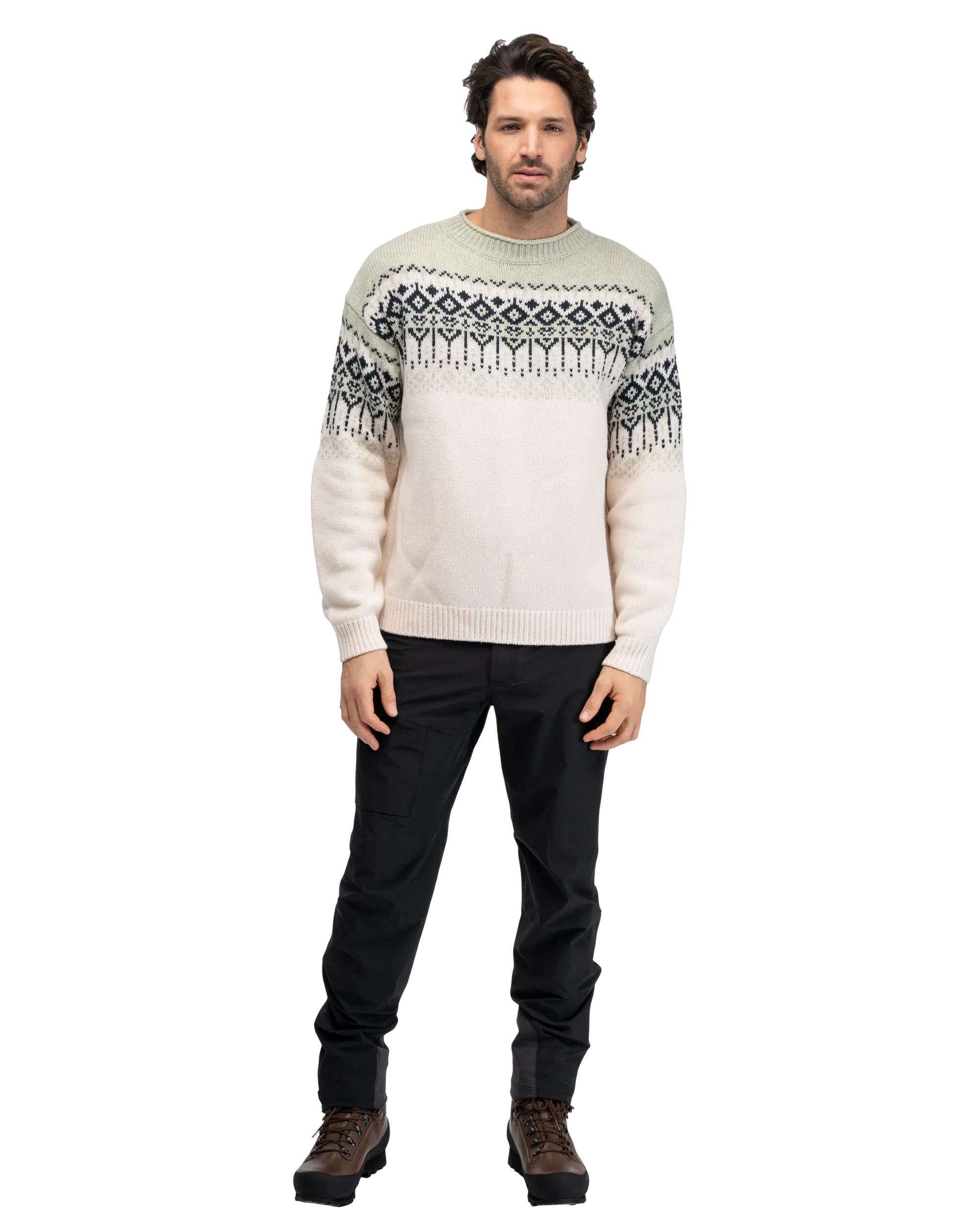 Steiro Knitted Wool Jumper, Creme/Light Green Mud/Dark Navy