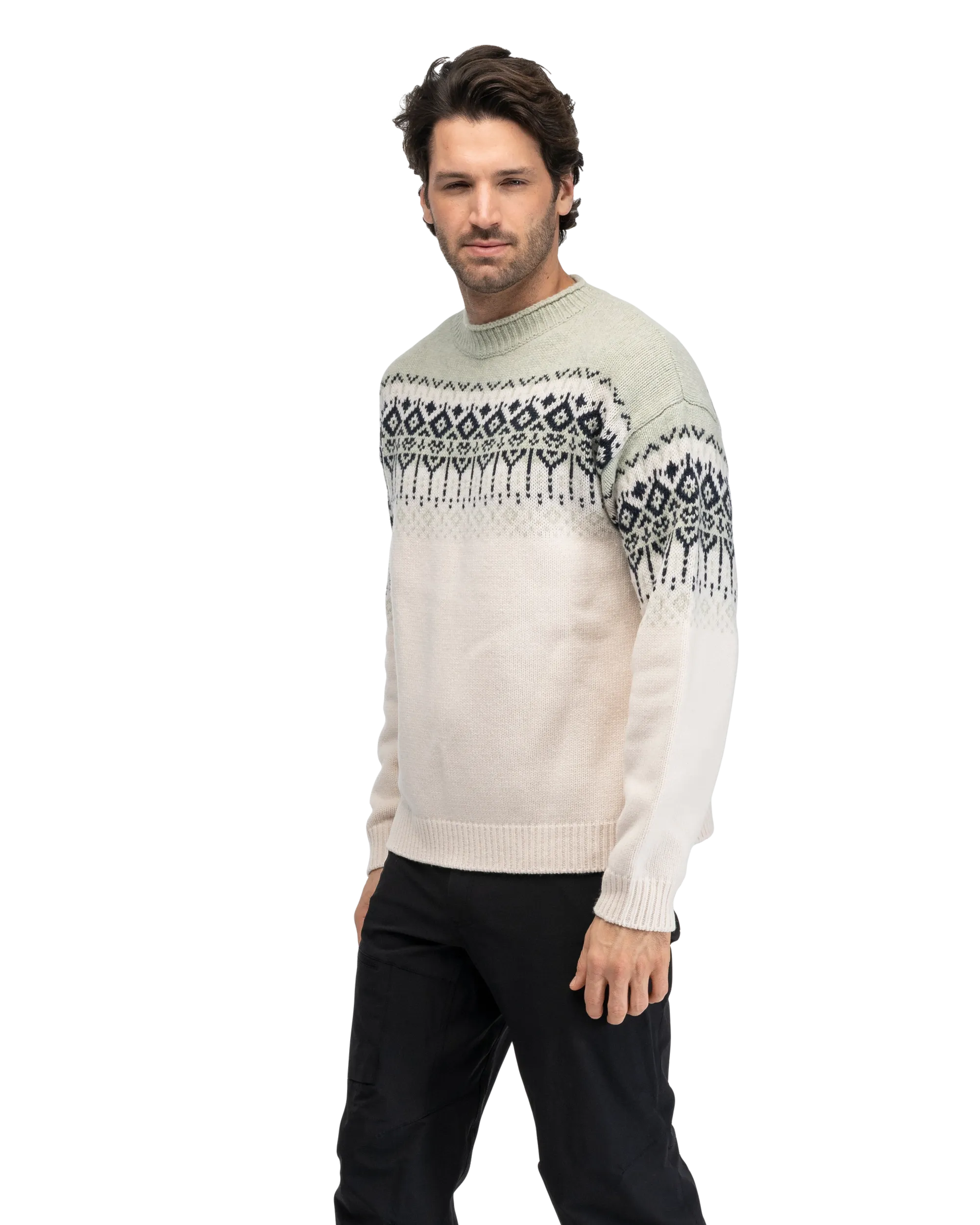 Steiro Knitted Wool Jumper, Creme/Light Green Mud/Dark Navy