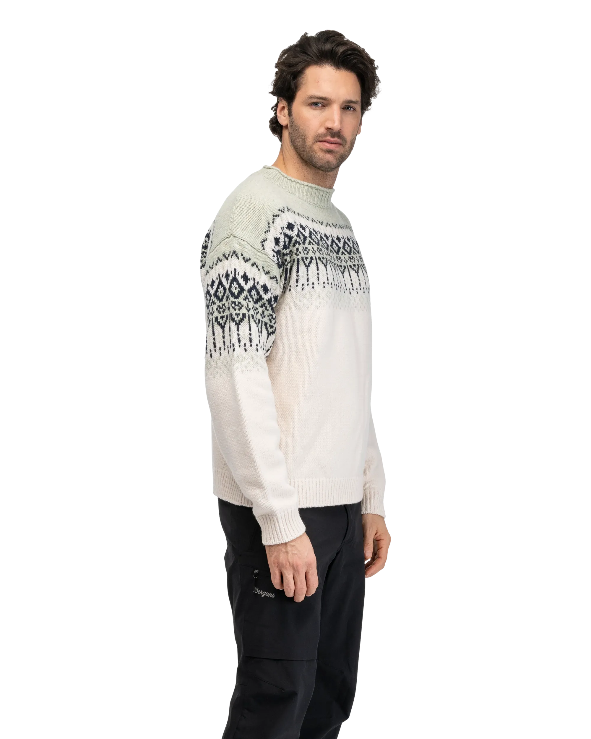 Steiro Knitted Wool Jumper, Creme/Light Green Mud/Dark Navy